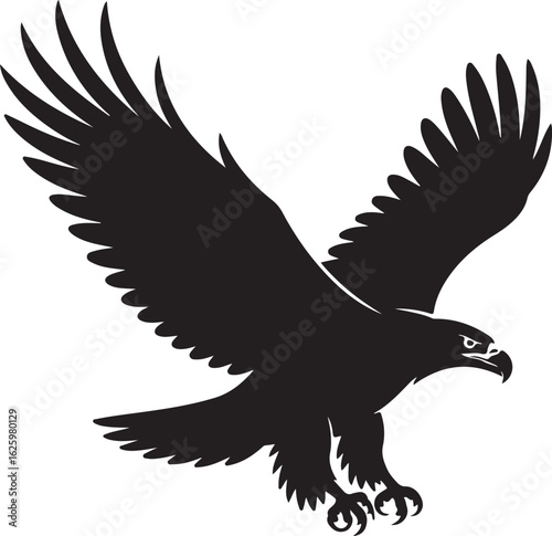 Vector illustration of a powerful eagle in mid-flight with wings spread. A bold bird of prey silhouette graphic element.