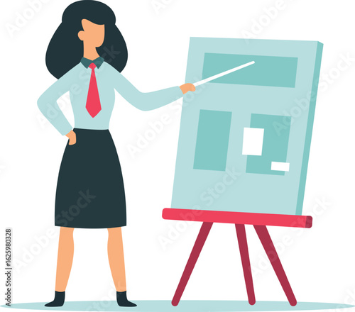 Businesswoman pointing at a whiteboard during a presentation, explaining business strategy and brainstorming ideas with colleagues in an office meeting