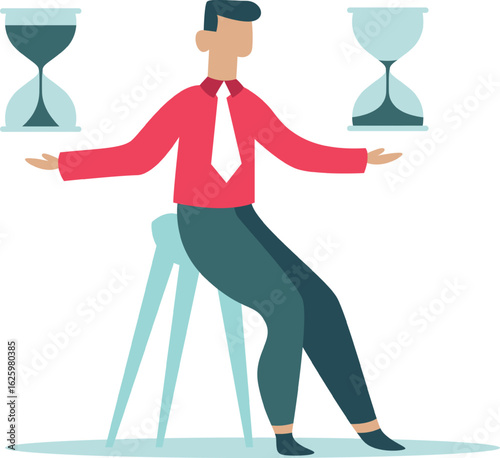 Businessman sitting on a stool is comparing two hourglasses, making important time management decisions, symbolizing work life balance and deadline management