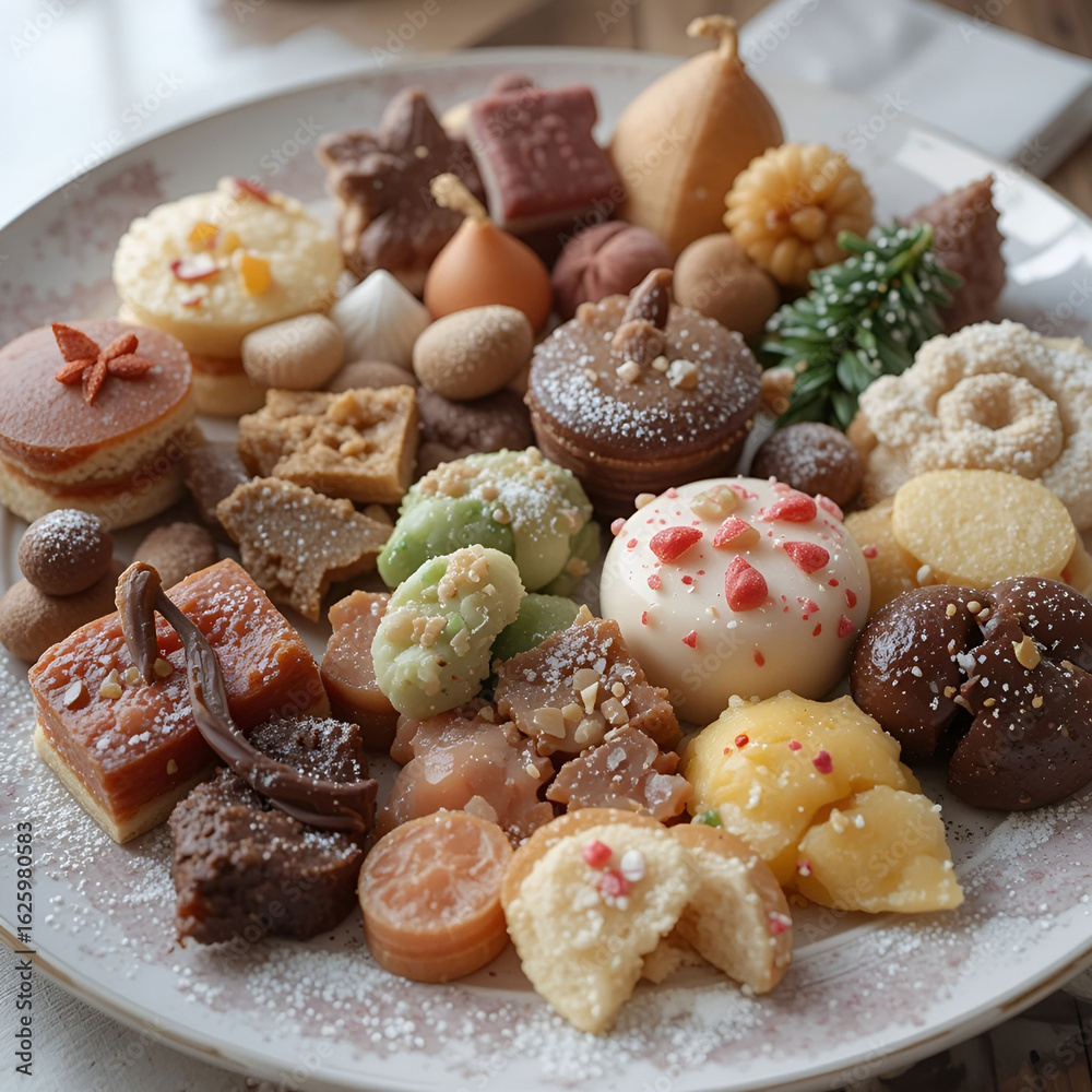 Fototapeta premium A festive Christmas sweets platter filled with cookies, candies, and holiday treats, evoking warmth.