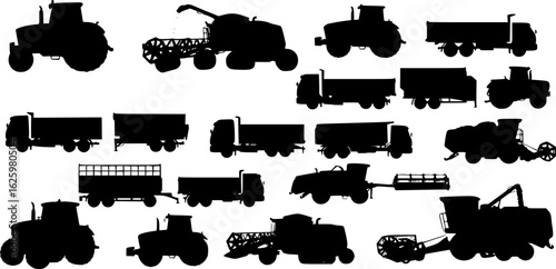 a collection of black and white agricultural machinery silhouettes, vector illustration
