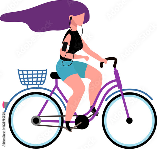 Purple haired girl with smartphone armband and earphones riding a purple bicycle with basket, enjoying music while cycling outdoors for sport and leisure