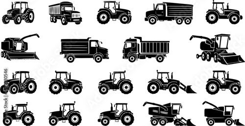 a collection of black and white agricultural machinery silhouettes, vector illustration

