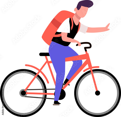 Young delivery man riding a bicycle, waving hand in greeting while delivering orders throughout the bustling city, showcasing an active and eco friendly lifestyle