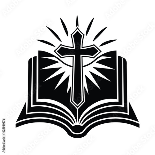 Cruz de oro brillante con biblia abierta en fondo