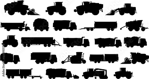 a collection of black and white agricultural machinery silhouettes, vector illustration
