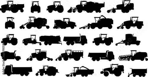 a collection of black and white agricultural machinery silhouettes, vector illustration
