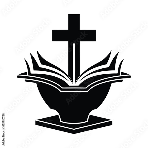 Cruz sobre biblia abierta en pila bautismal