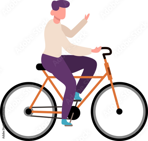 Young man wearing casual clothes riding an orange bicycle while waving happily against a clean white background, embodying a spirit of fun and an active lifestyle