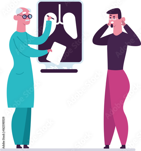 Senior doctor pointing at radiography of lungs explaining diagnosis to worried patient covering ears with hands, healthcare and medical examination concept