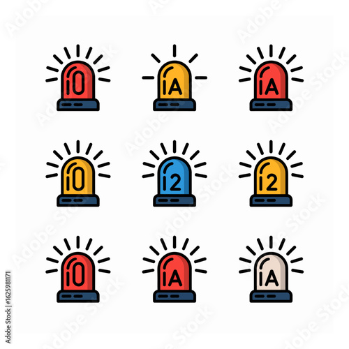 Colorful alert notification icons set in a vector format featuring flashing lights and bold numbers and letters for attention grabbing designs