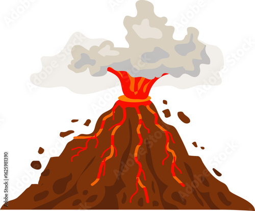 Volcano erupting with molten magma and billowing smoke against a pristine white background, showcasing the dramatic power and beauty of a natural geological phenomenon