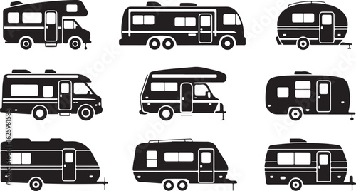 RV cars, recreational vehicles, camper vans icons