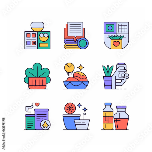 Colorful Line Art Icons Featuring Home Decor, Relaxation, and Self Care Essentials in a Vector Illustration