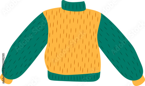 Cozy and stylish winter sweater featuring a vibrant orange body and contrasting green sleeves and high collar, perfect for staying warm during the cold season