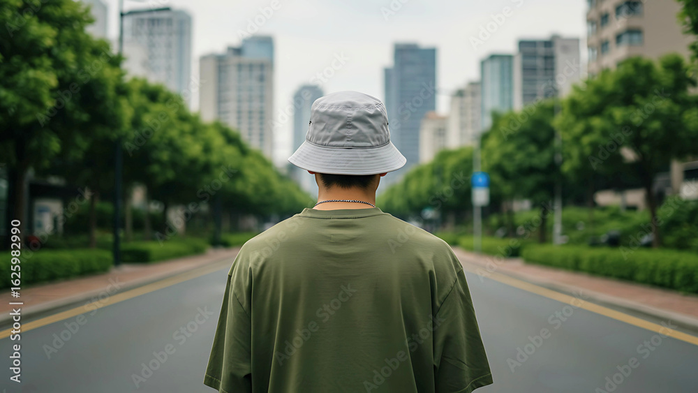 Obraz premium Rear view of a young man in a bucket hat walking down an empty city street towards a modern skyline.