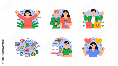 Diverse collection of vector illustrations portraying individuals expressing positivity, connection, and self-assurance in various scenarios