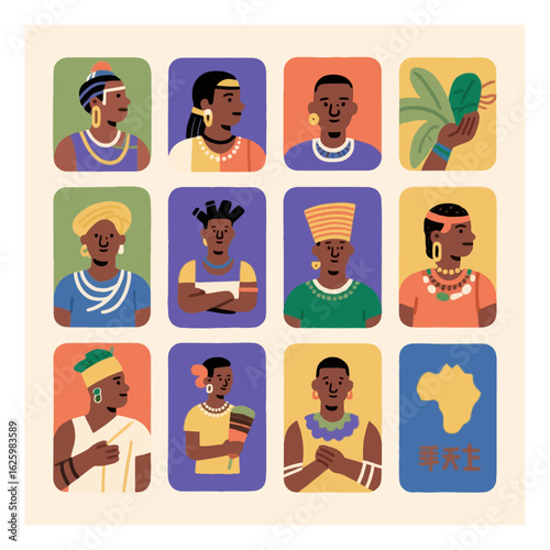 Diverse cultural representation showcasing various African individuals in traditional attire and accessories, celebrating heritage and diversity