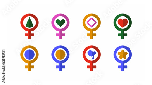 Diverse female gender symbols in vibrant colors representing women's empowerment and identity
