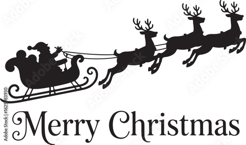Santa Claus ride sleigh drawn flying reindeer Christmas illustration