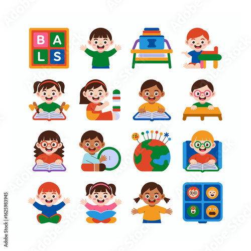 Diverse group of children learning and playing with educational toys in a colorful vector illustration scene for kids
