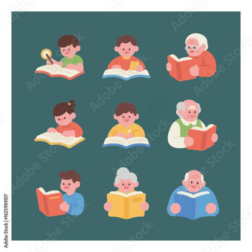 Diverse group of people reading books with flat design style illustration showcasing intergenerational learning and the joy of reading for all ages