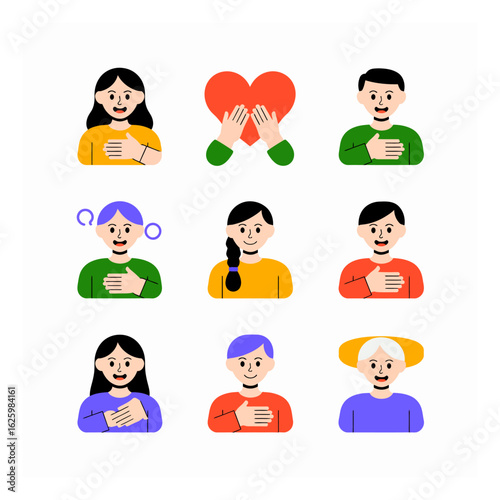 Diverse group of people showing respect and love with hands over heart in a flat vector illustration that promotes unity and patriotism