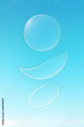 Three transparent abstract shapes floating against a bright blue sky, creating a minimal and modern composition with a clean and airy feel.