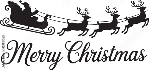 Santa Claus ride sleigh drawn flying reindeer Christmas illustration