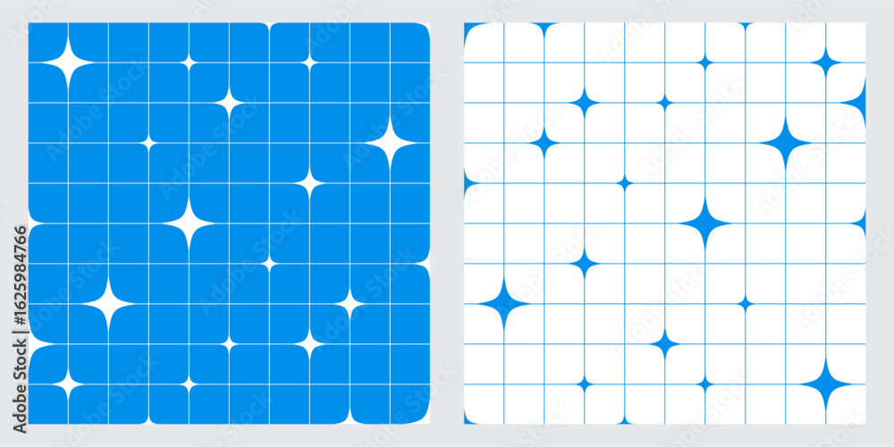 Aesthetic Y2K seamless vector pattern with geometric stars and simple grid lines in retro design perfect for wallpapers textile prints and surface decoration. Vector illustration