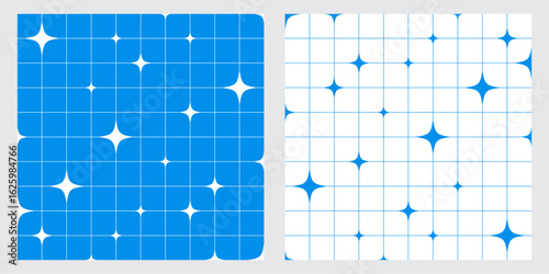 Aesthetic Y2K seamless vector pattern with geometric stars and simple grid lines in retro design perfect for wallpapers textile prints and surface decoration. Vector illustration