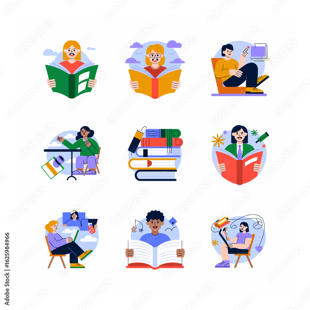 Fototapeta premium Diverse individuals engrossed in reading activities showcasing education, creativity, and imagination in colorful vector illustrations