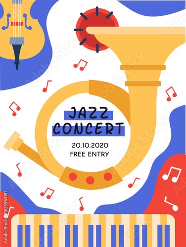 Colorful jazz concert poster featuring a sousaphone, cello, and piano keyboard, promoting a vibrant free entry event on October 20, 2020, celebrating live music and community spirit