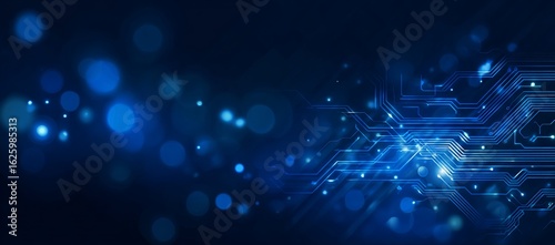 Fototapeta Naklejka Na Ścianę i Meble -  Abstract blue background with circuit board and technology elements, banner design for a digital tech concept. Blue color theme, blue abstract futuristic modern wallpaper with a bokeh effect. 