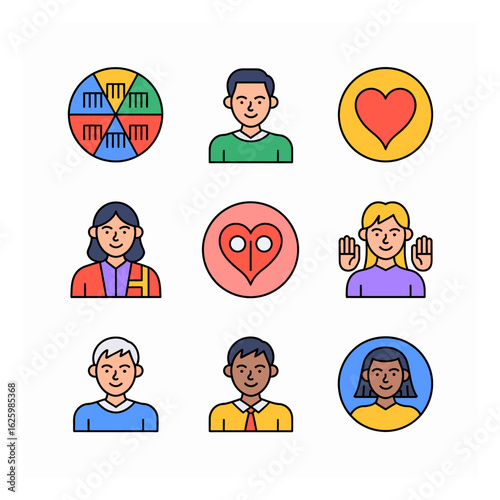 Diverse People Icons Representing Inclusivity, Unity, and Teamwork in a Colorful Vector Graphic Illustration Style