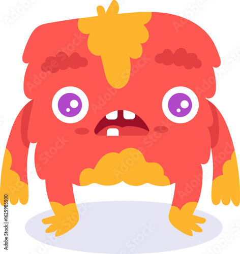 Cartoon illustration of a cute and hairy red monster with orange hair, eyebrows, belly and paws, standing with a surprised expression, opening its mouth and showing two teeth