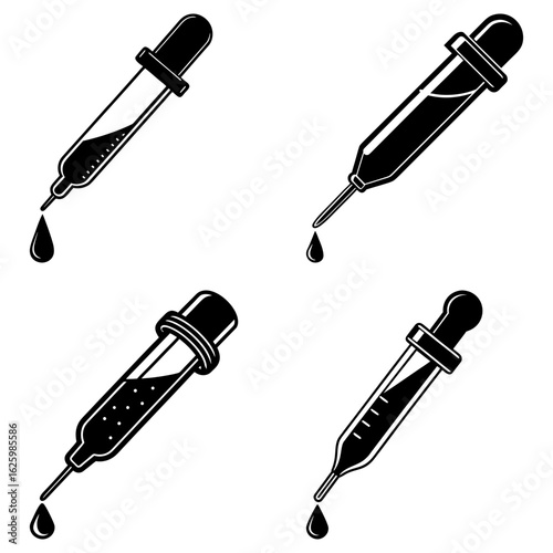 Illustration of four black and white pipettes with liquid and drops on a white isolated background