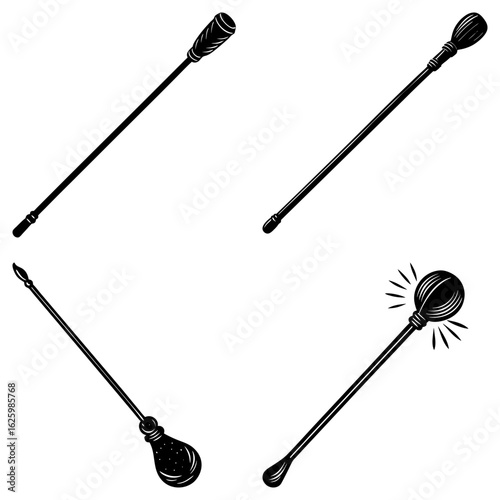 Illustration of four different maces with varying head designs in black and white drawing style
