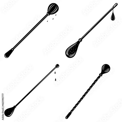 Illustration of four different bar spoons with varying designs and liquid droplets in black and white style