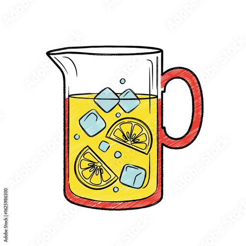 Refreshing drink with lemon and ice in transparent pitcher  