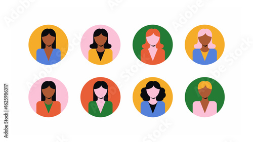 Diverse women portraits in flat vector design with colorful backgrounds showcasing inclusion and modern professional representation, perfect for profile icons