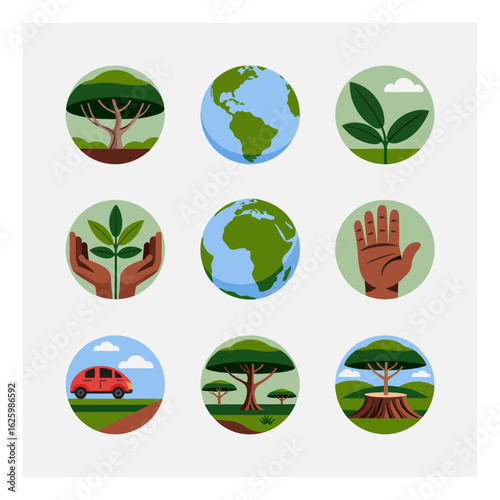 Earth Day environmental protection concept with globe, hand, plants and trees in flat vector design, promoting sustainability and ecology for a greener planet