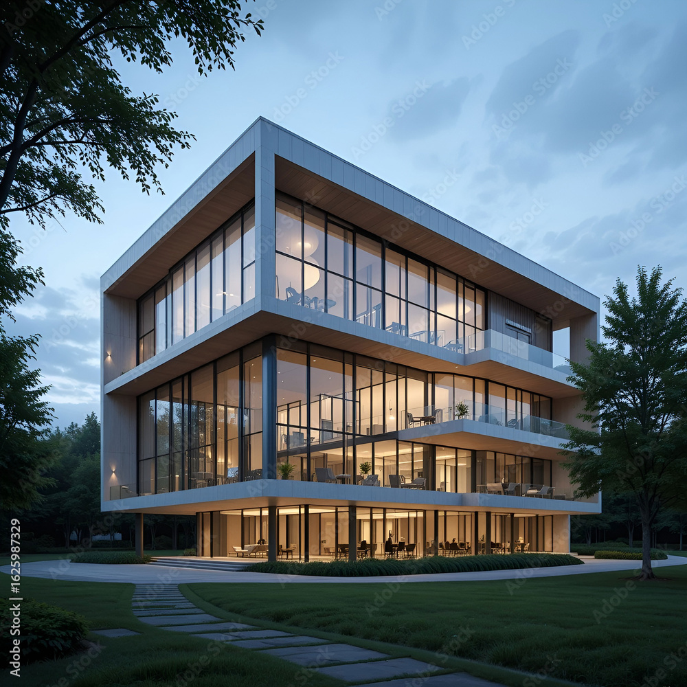Fototapeta premium A sleek, modern building with innovative architectural design, showcasing clean lines, creative structure.