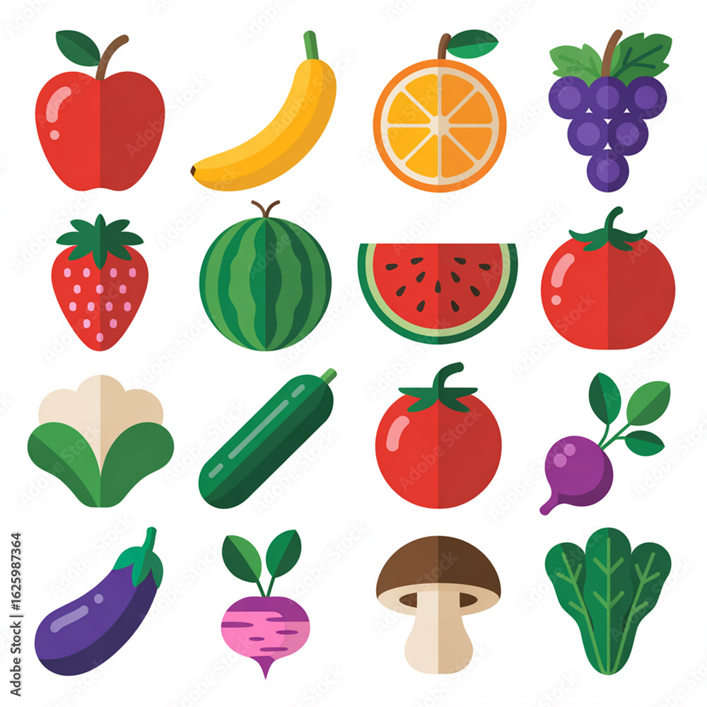 Fototapeta premium Collection of flat design fruits and vegetables icons