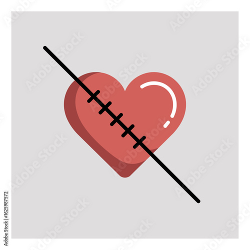 Illustrated red heart with stitches and a line through it symbolizing healing and overcoming heartbreak, conveying resilience and emotional recovery