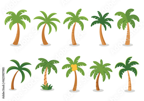 Collection of Ten Cartoon Palm Trees with Green Foliage and Brown Trunks tropical nature