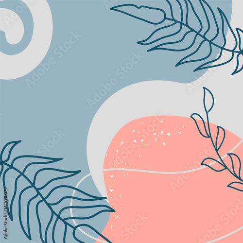 Abstract background with organic shapes in blue and pink pastel colors decorated with hand drawn leaves and white specks, perfect for social media posts, posters or website headers