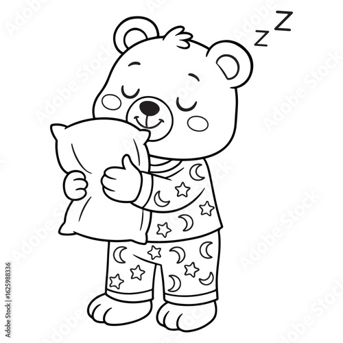 Line art of bear in pajamas holding a pillow sleeping cartoon vector