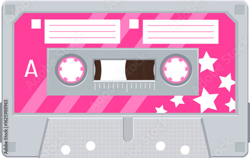 Pink and grey audio cassette adorned with white stars and blank labels, capturing nostalgia and evoking memories of music and retro technology from the vibrant 80s and 90s