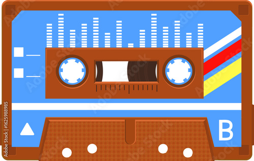 Brown vintage music cassette with blue label showing sound waves is playing music with red and yellow stripes on side B, isolated vector illustration over white background
